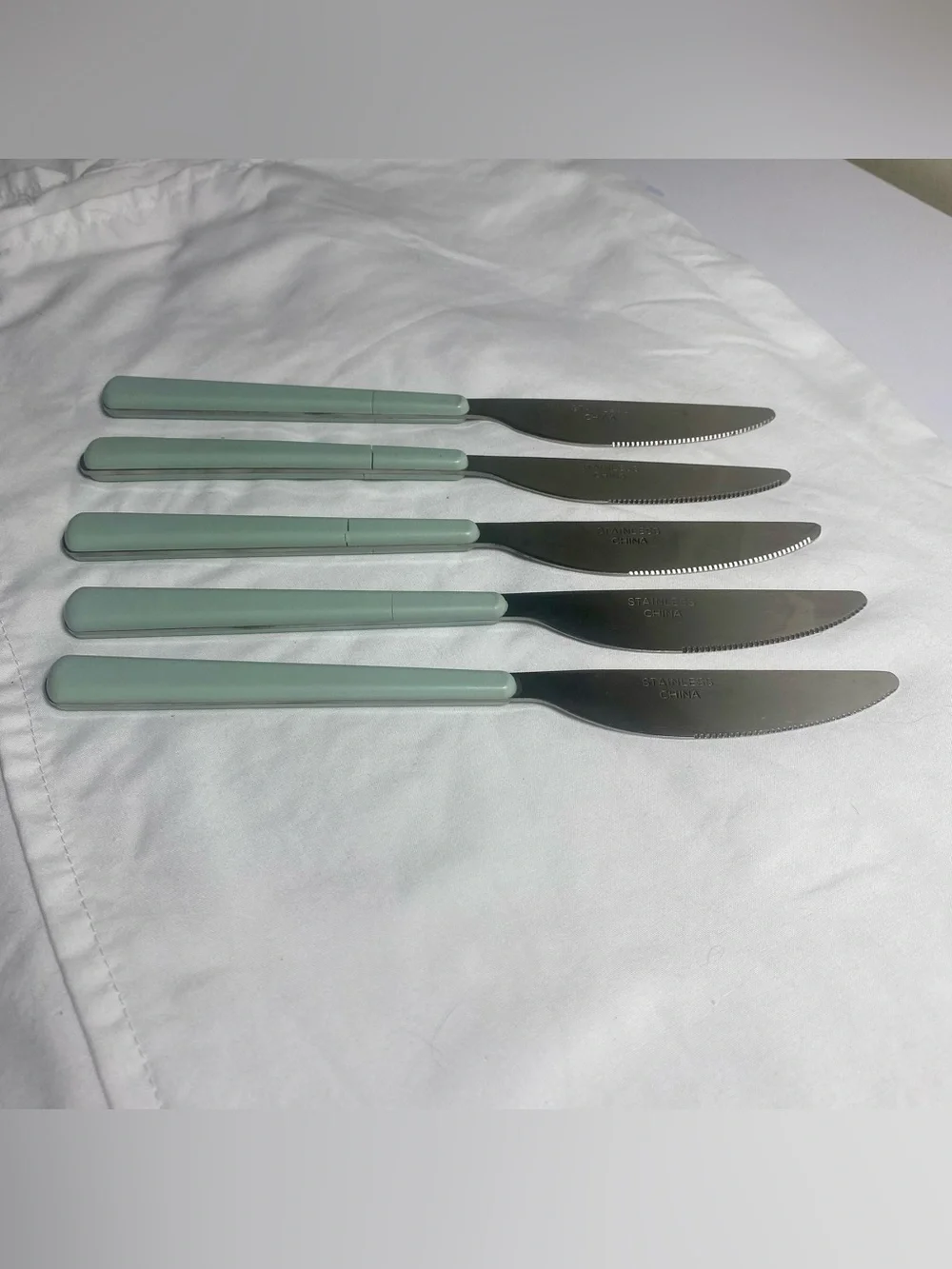 Vintage Set of 5 Green Handle Stainless Steel Table Knives